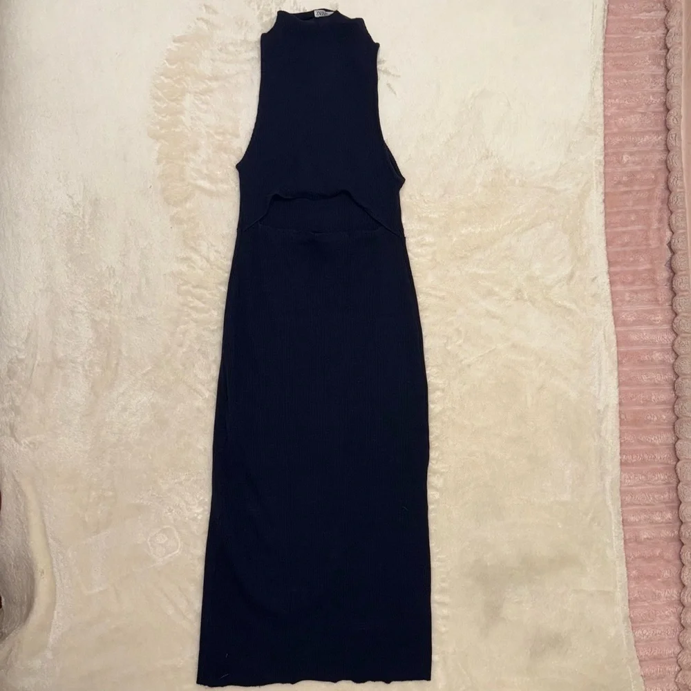 dark blue zara dress ZW COLLECTION TIED POPLIN DRESS - Navy blue